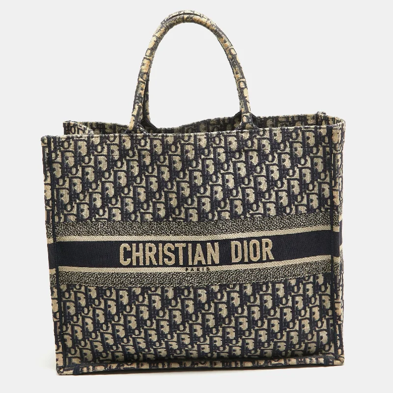 Christian Dior handbags with a removable shoulder strap for versatilityDIOR Navy Blue Oblique Embroidered Canvas Large Book Tote