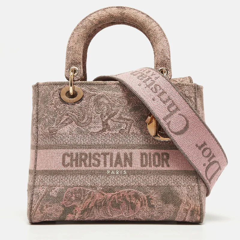 Christian Dior crossbody bags with a front - flap pocket for easy accessDIOR Pink/Grey Embroidered Canvas Medium Lady D-Lite Tote