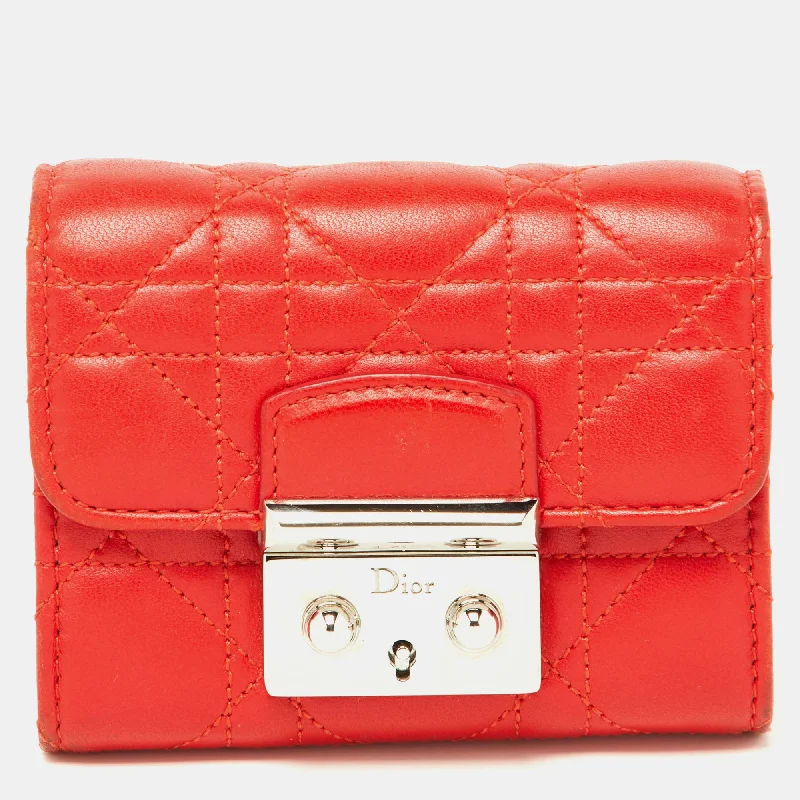 Christian Dior handbags with a detachable mirror for on - the - go touch - upsDIOR Red Cannage Leather Miss  Compact Wallet