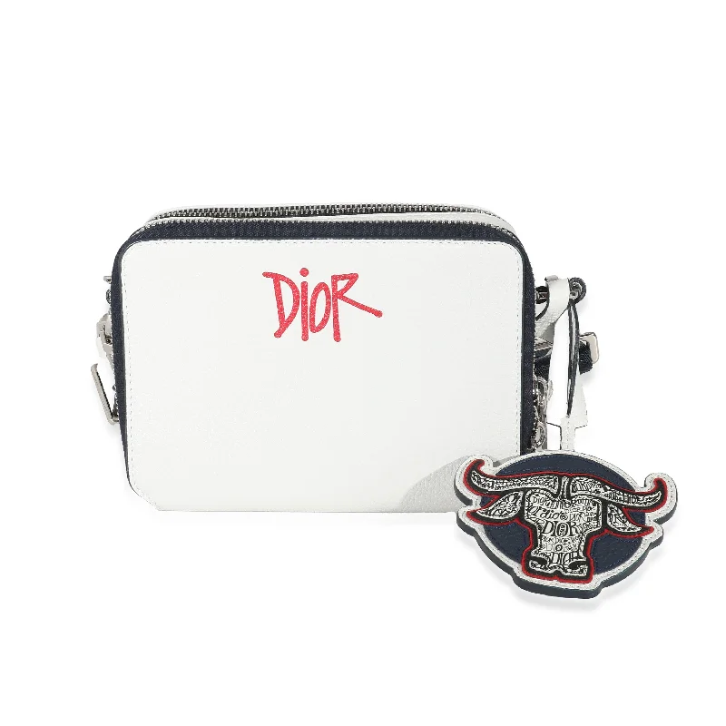 Luxury Christian Dior crossbody bags with a chain - link strapDIOR x Shawn Stussy White Grained Calfskin Double Zip Crossbody Pouch