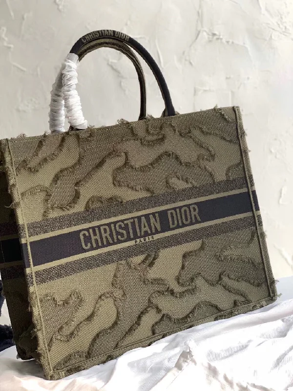 Christian Dior tote bags with a double - handle and shoulder - strap optionChristian Dior Book Tote Bag In Green Camouflage Embroidered Canvas